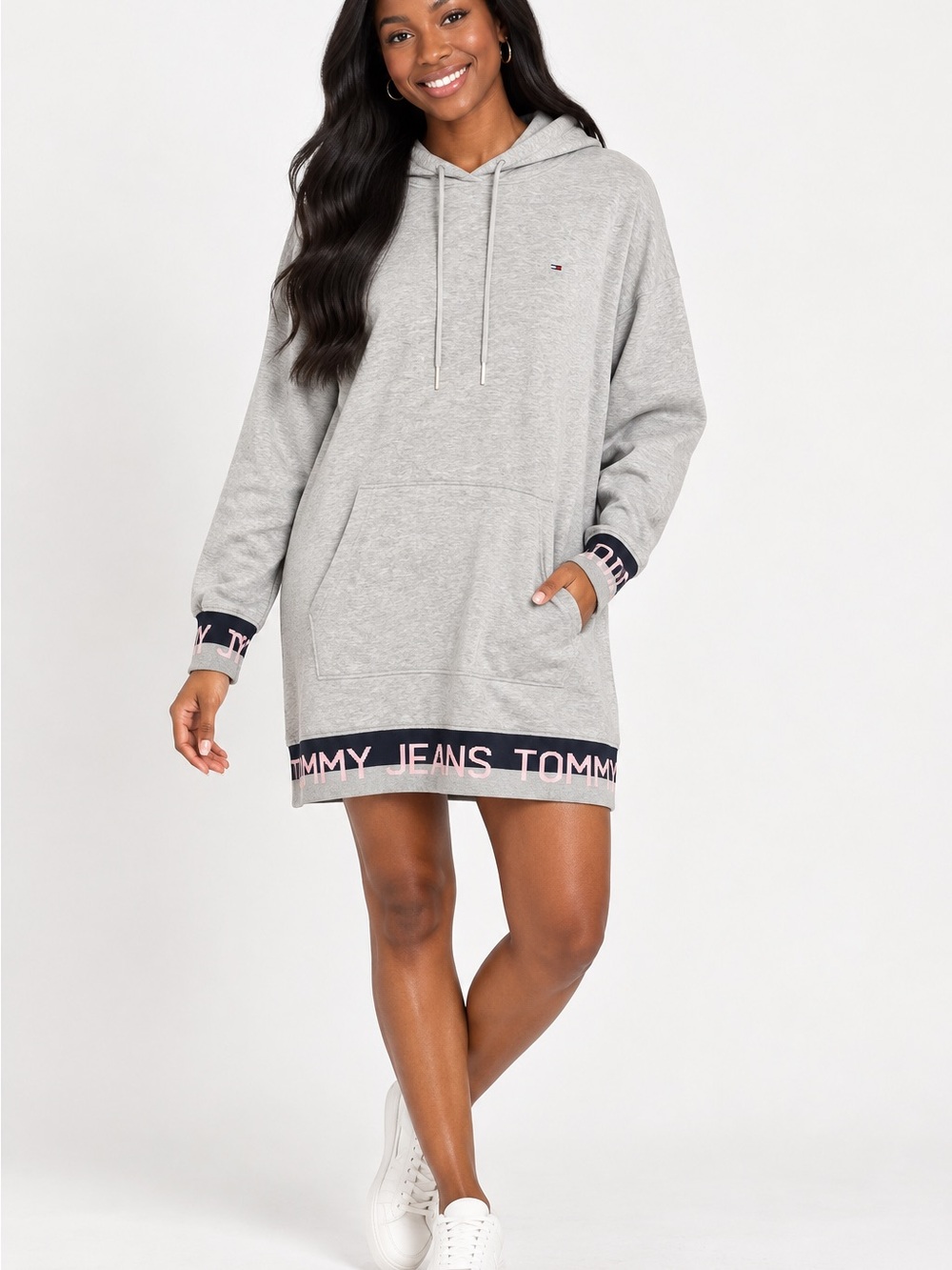 Tommy Hilfiger Women Light Gray Hooded Sweatshirt Dress with Navy Trim M